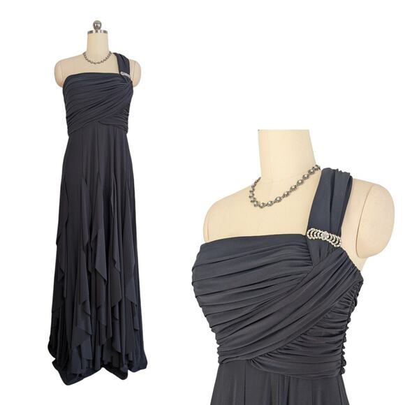 Betsy & Adam Prom Dress Maxi Gown Ruffle Glam Classic Ball Gala Charcoal Gray 14 - Picture 1 of 13